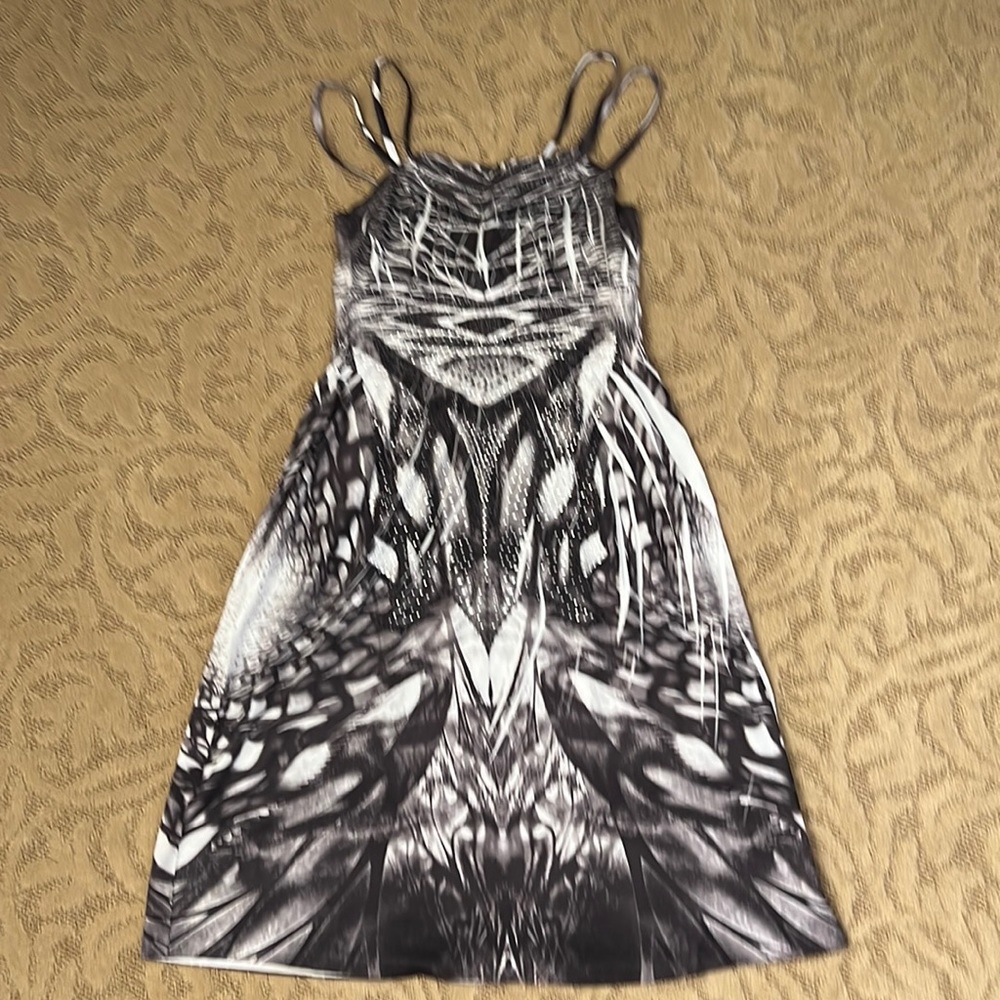 Hot Tees knee length gray/black/white embellished dress. 100% polyester. Size L